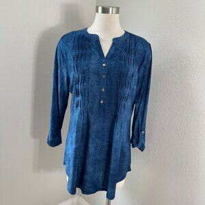 Cocomo Woman Plus 1X Blue Pleated Tunic Top Stretch Button Front Roll Tab Sleeve